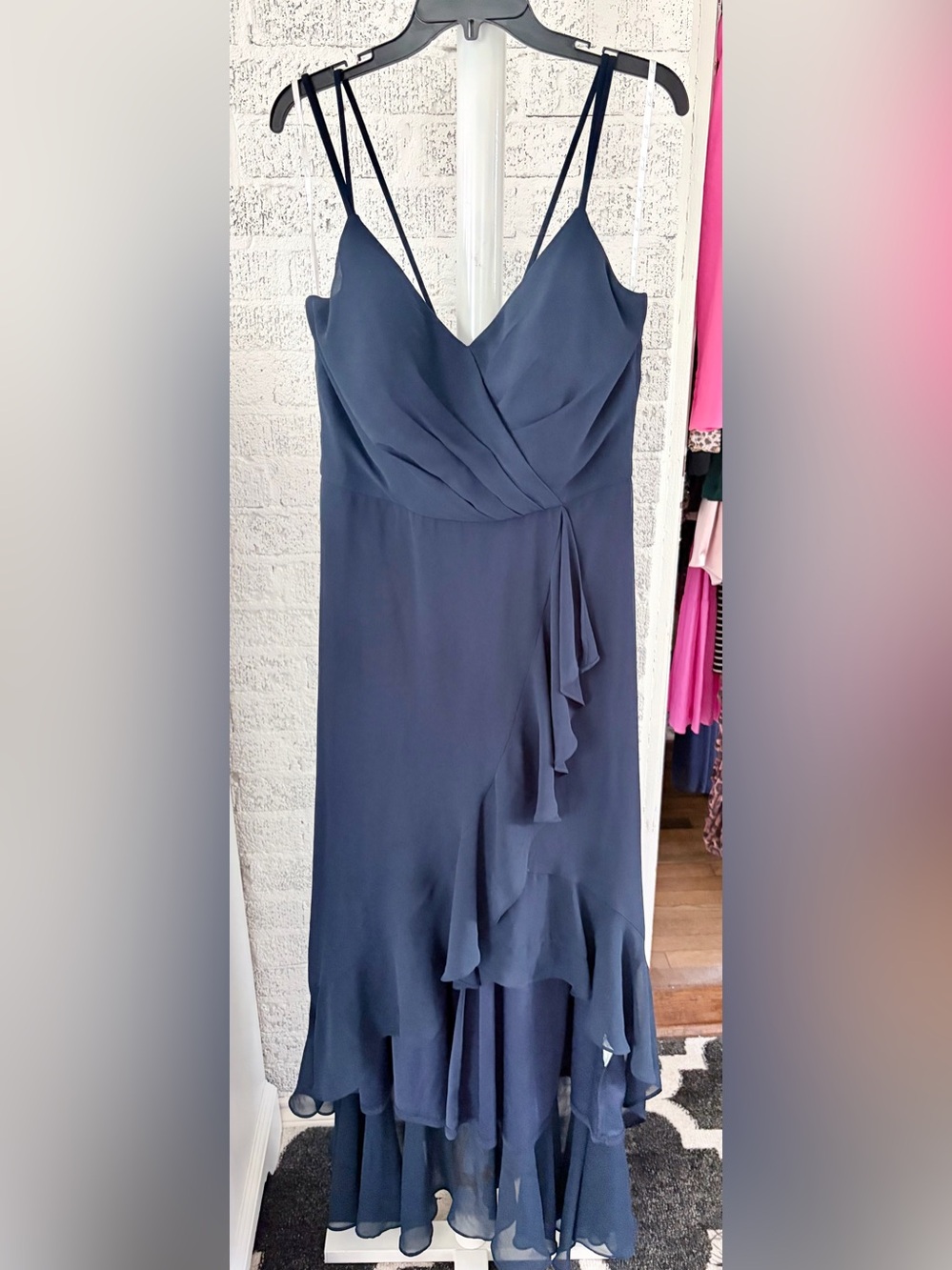 Camille La Vie Double Strap Navy Hi low chiffon Evening Gown 14 excellent!!!